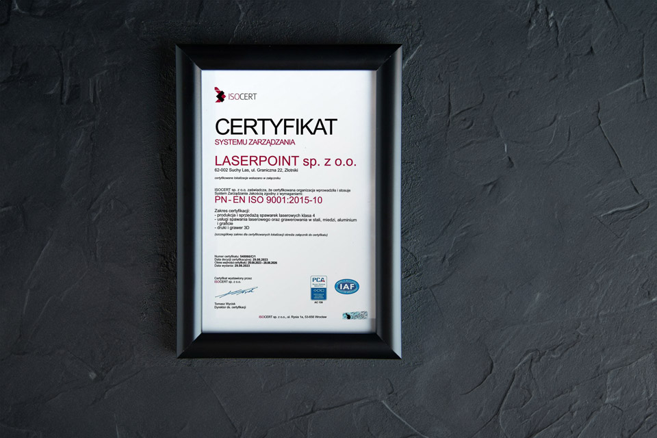 Certyfikat ISO dla Laserpoint